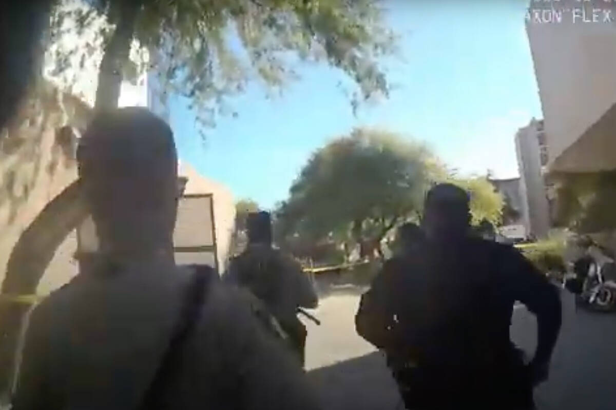 A screenshot from body-camera footage that was released by Las Vegas police shows the response ...