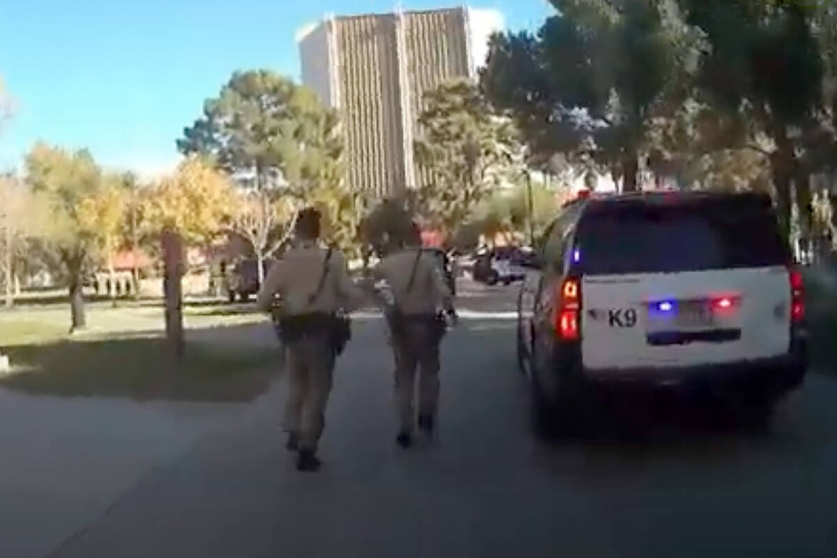 A screenshot from body-camera footage that was released by Las Vegas police shows the response ...