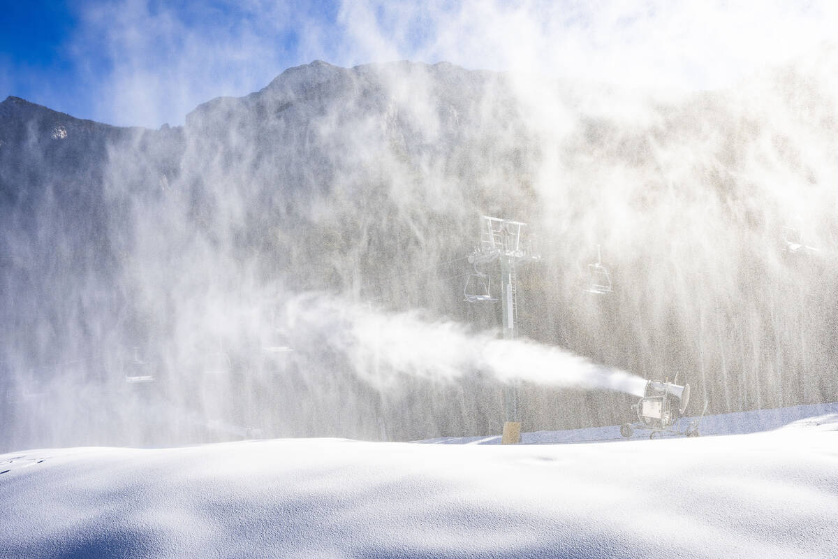 Machine-made snow spills onto the Lee Canyon slopes. The Rabbit Peak area with terrain suitable ...