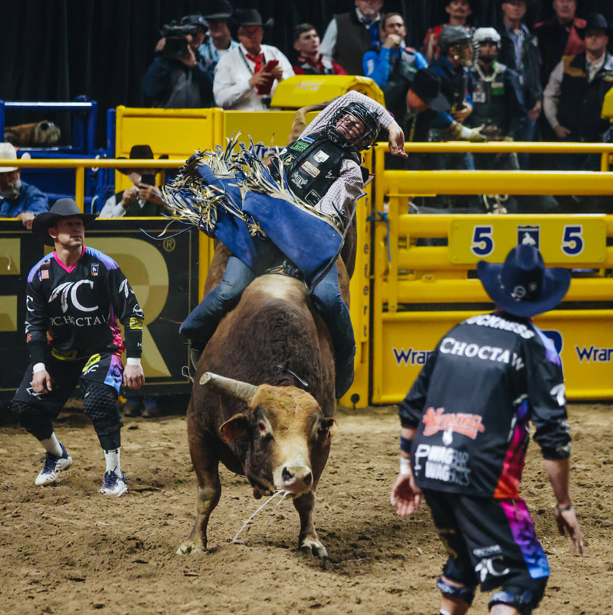 Tristen Hutchings rides the bull during the National Finals Rodeo at the Thomas & Mack Cent ...