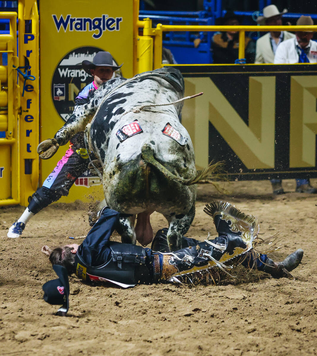 Ky Hamilton falls off of the bull during the National Finals Rodeo at the Thomas & Mack Cen ...