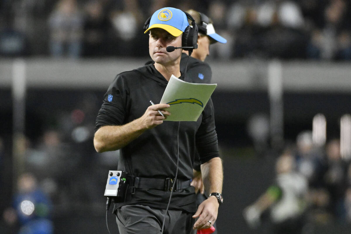 Los Angeles Chargers head coach Brandon Staley watches during the second half of an NFL footbal ...