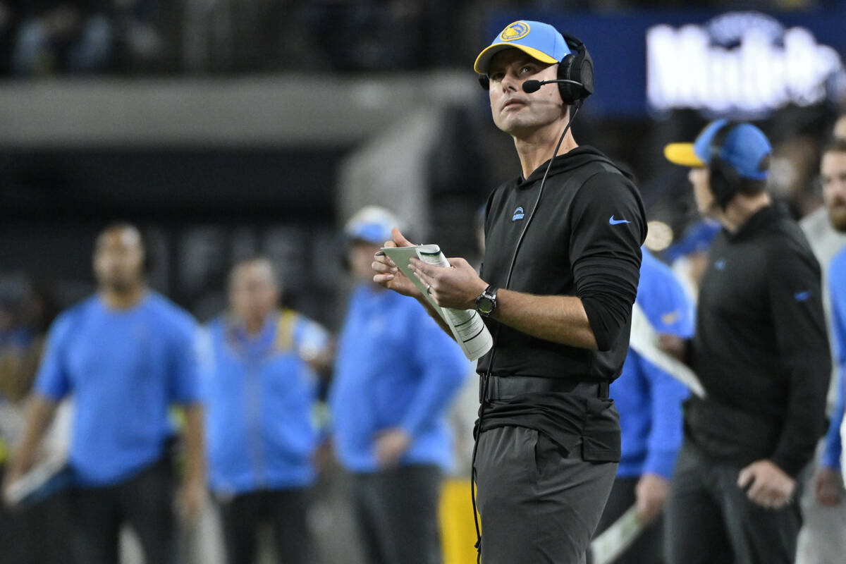 Los Angeles Chargers head coach Brandon Staley stands on the sidelines during the first half of ...