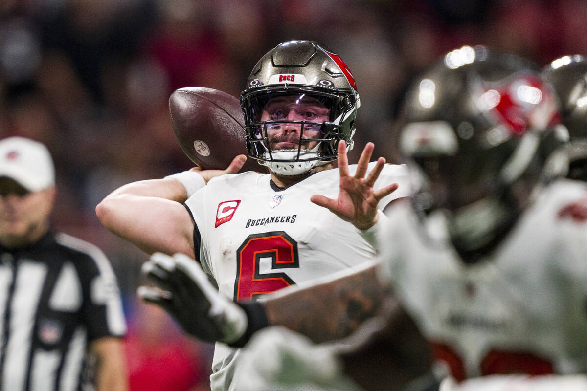 Tampa Bay Buccaneers quarterback Baker Mayfield (6) throws the game-winning touchdown pass to t ...