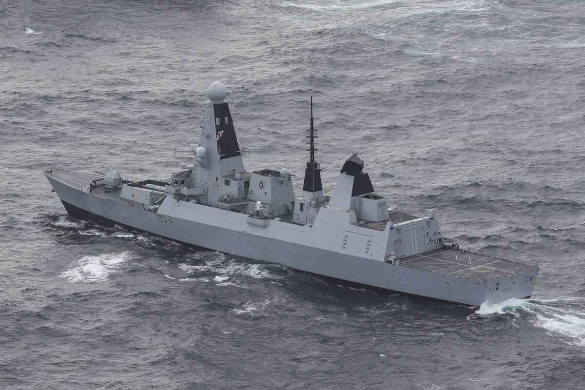 In this photo provided by the Ministry of Defence on Saturday, Dec. 16, 2023, a view of the HMS ...