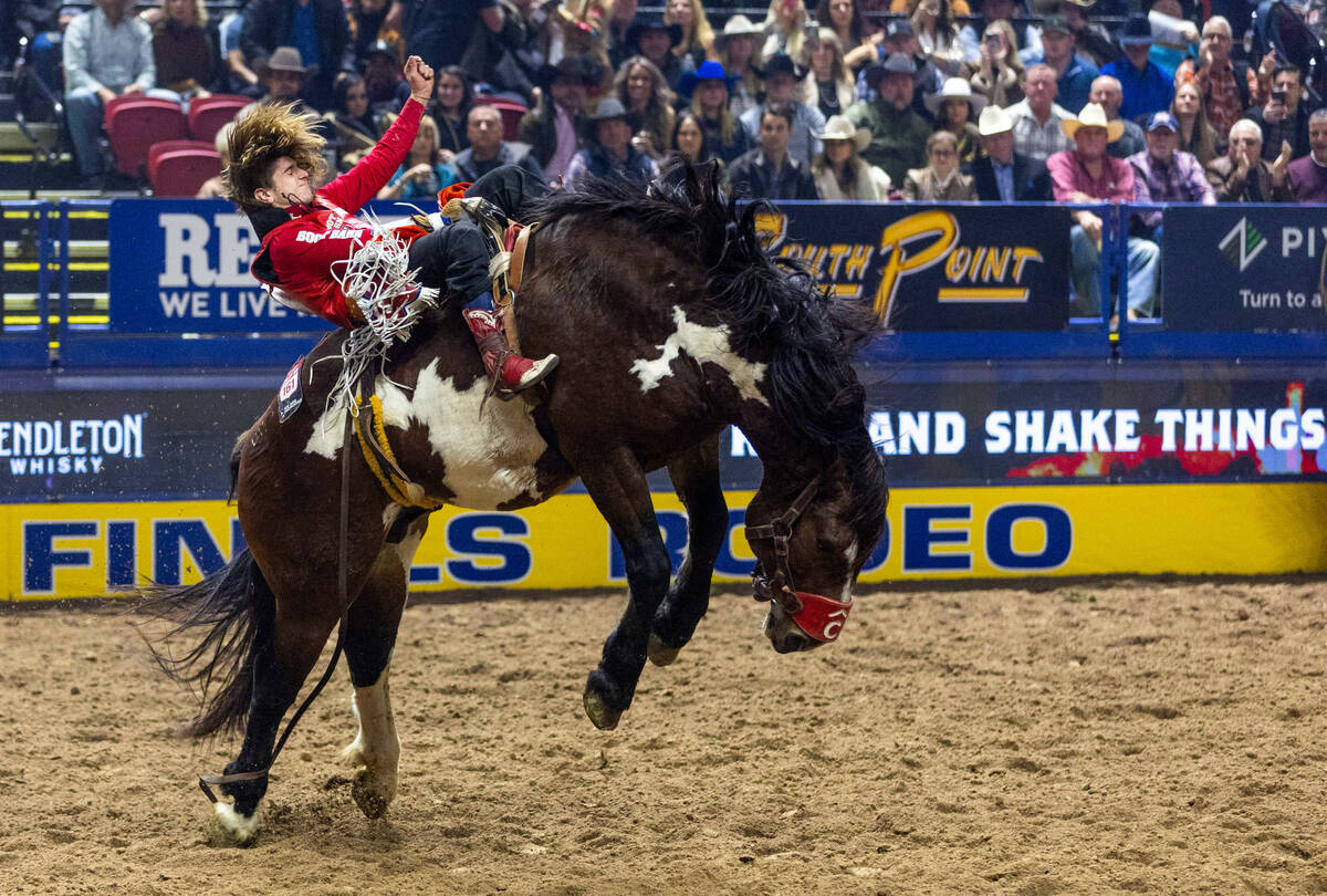 Rocker Steiner rides Nite Faded in Bareback Riding during the final day action of the NFR at th ...