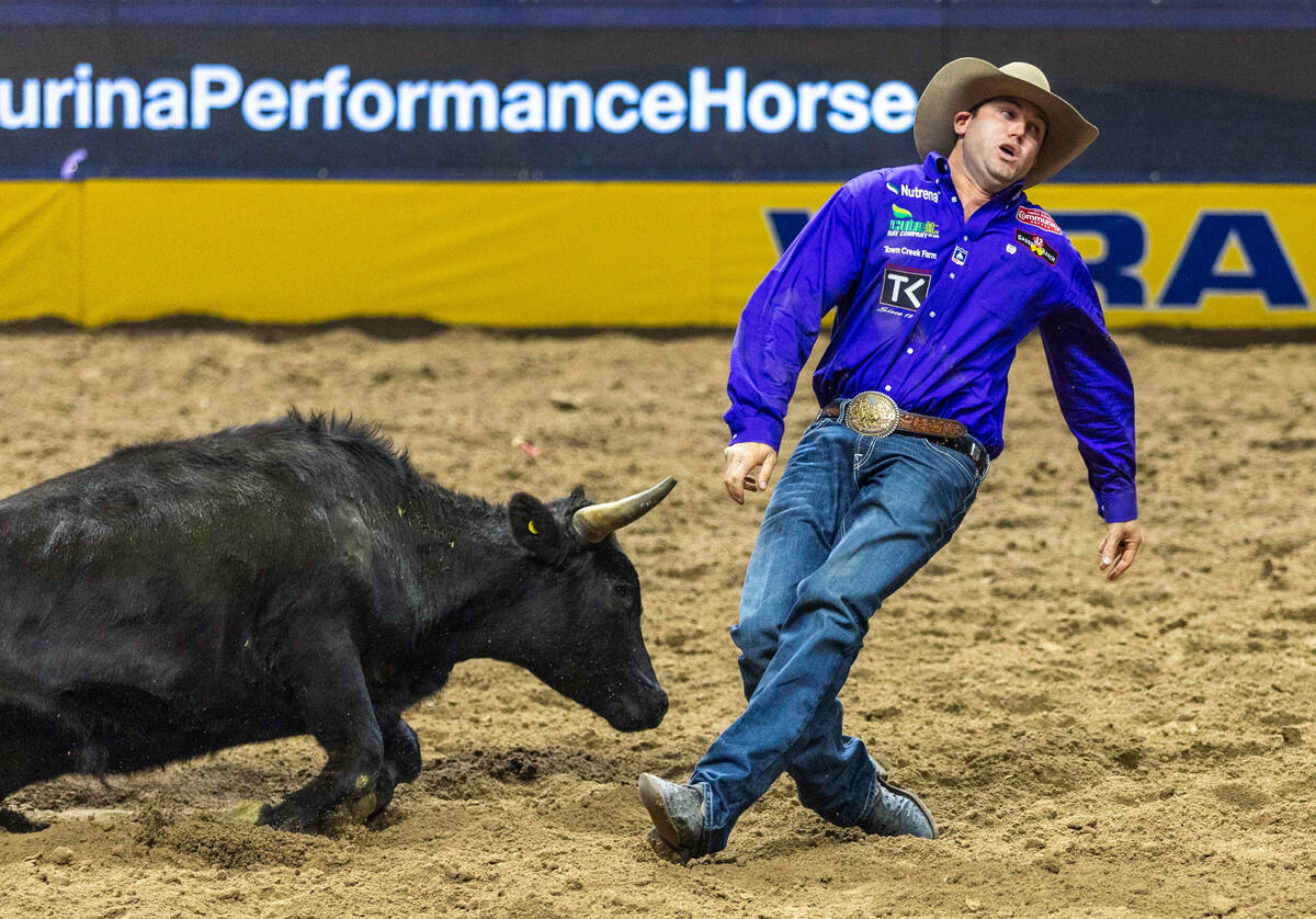 Tyler Waguespack iso pumped up after taking down his steer in Steer Wrestling during the final ...