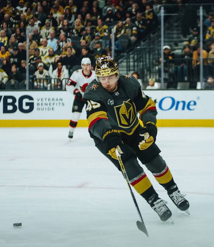 Golden Knights center Ivan Barbashev (49) shuffles the uck during a game against the Ottawa Sen ...