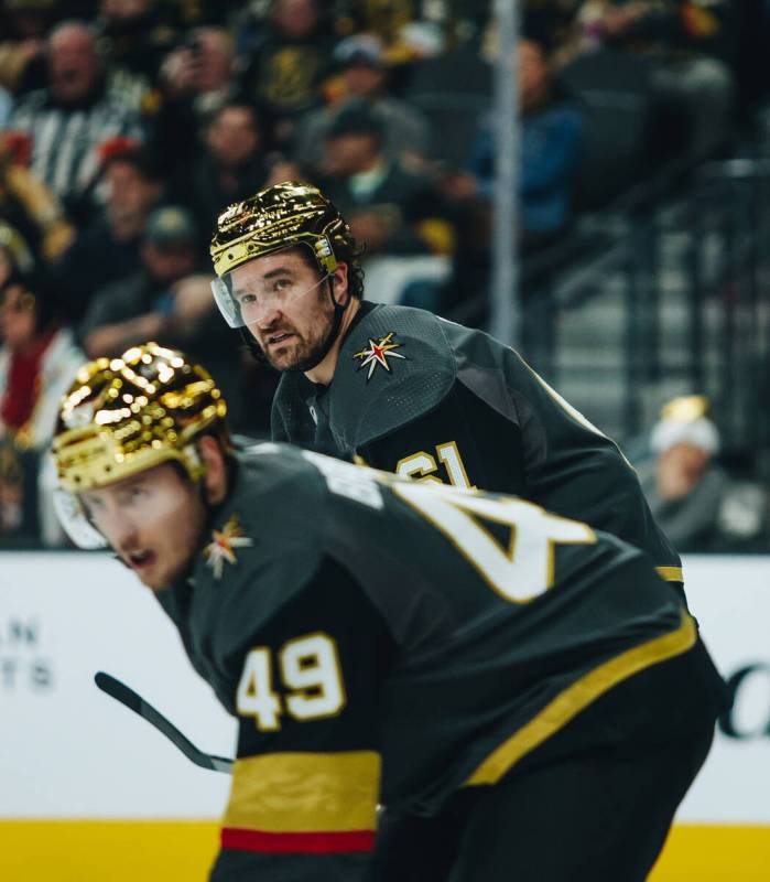 Golden Knights right wing Mark Stone (61) waits for the puck to drop during a game against the ...