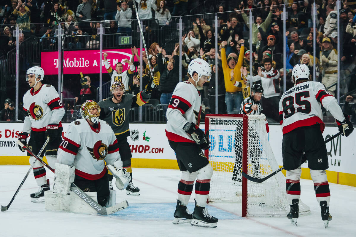 Golden Knights right wing Jonathan Marchessault (81) celebrates a goal during a game against th ...