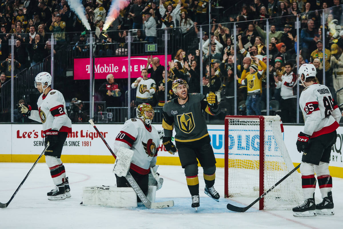 Golden Knights right wing Jonathan Marchessault (81) celebrates a goal during a game against th ...