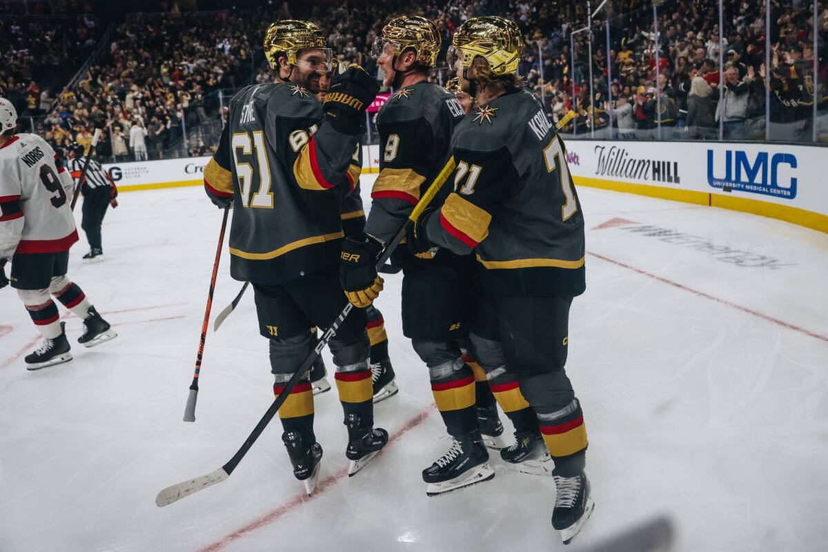 The Golden knights celebrate a goal during a game against the Ottawa Senators at T-Mobile Arena ...