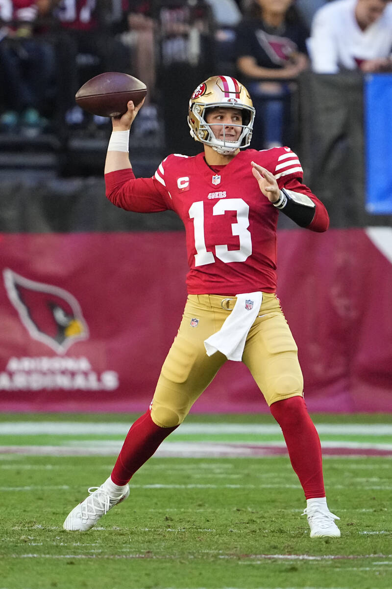 San Francisco 49ers quarterback Brock Purdy (13) passes against the Arizona Cardinals during th ...