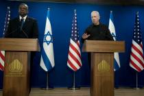 Israel Minister of Defense Yoav Gallant, right, speaks during a joint statement with his U.S. c ...