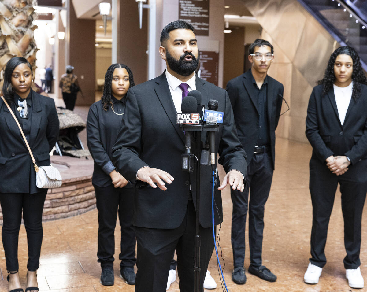 Athar Haseebullah, executive director for the ACLU of Nevada, addresses the media before a hear ...