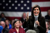 Republican presidential candidate former U.N. Ambassador Nikki Haley speaks at a town hall camp ...