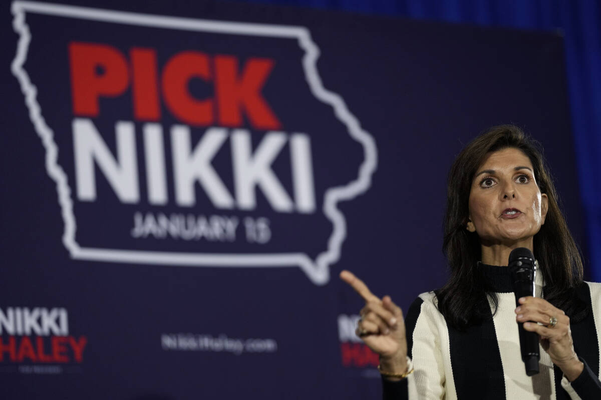 Republican presidential candidate Nikki Haley speaks during a town hall, Friday, Dec. 8, 2023, ...