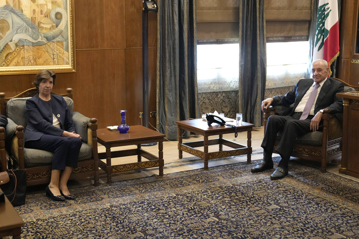 French Foreign Minister Catherine Colonna, left, meets with Lebanese Lebanese Parliament Speake ...