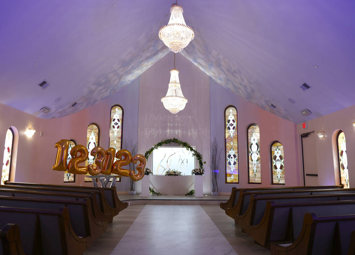 The Wedding Chapel at Vegas Weddings is shown, on Tuesday, Dec. 19, 2023, in Las Vegas. (Bizuay ...