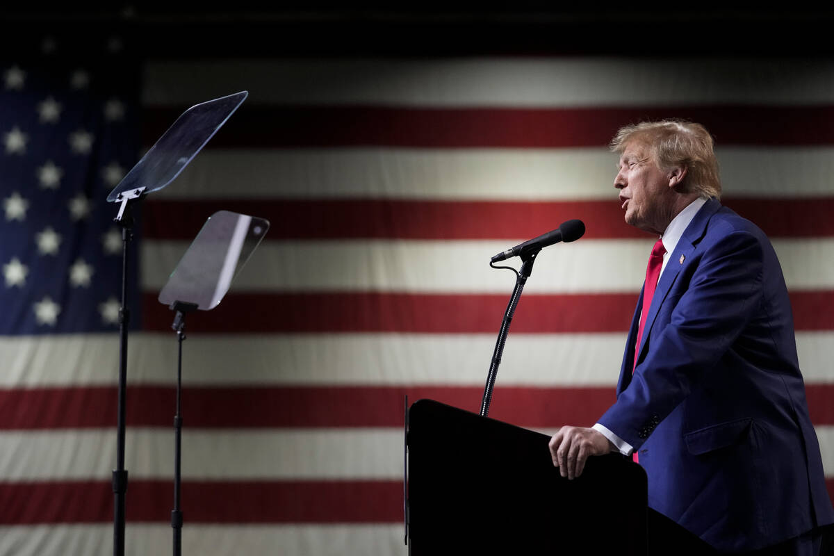 Former President Donald Trump speaks during a rally Sunday, Dec. 17, 2023, in Reno, Nev. The Co ...