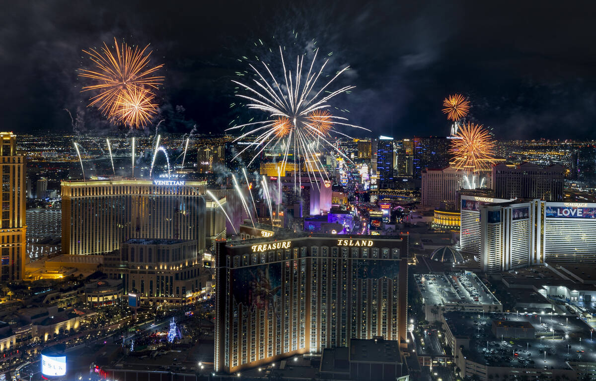 New Year’s Eve fireworks erupt above the Strip on Sunday, Jan. 1, 2023, in Las Vegas. (L.E. B ...