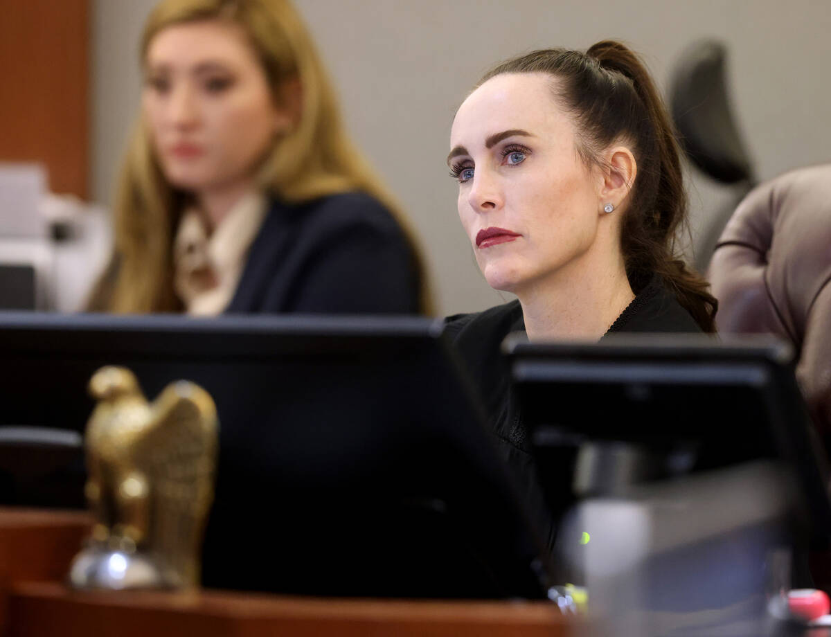 Clark County District Court Judge Jacqueline Bluth listens to arguments during a court hearing ...