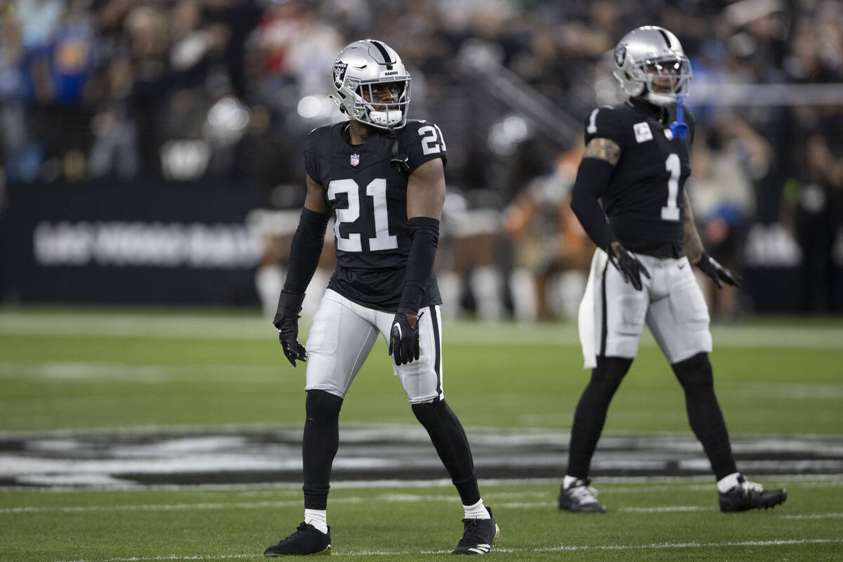 Raiders cornerback Amik Robertson (21) walks off the field during the first half of an NFL game ...