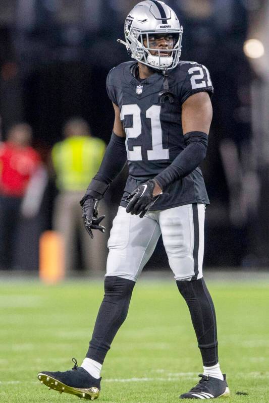 Raiders cornerback Amik Robertson (21) on the field during the first half of an NFL game agains ...