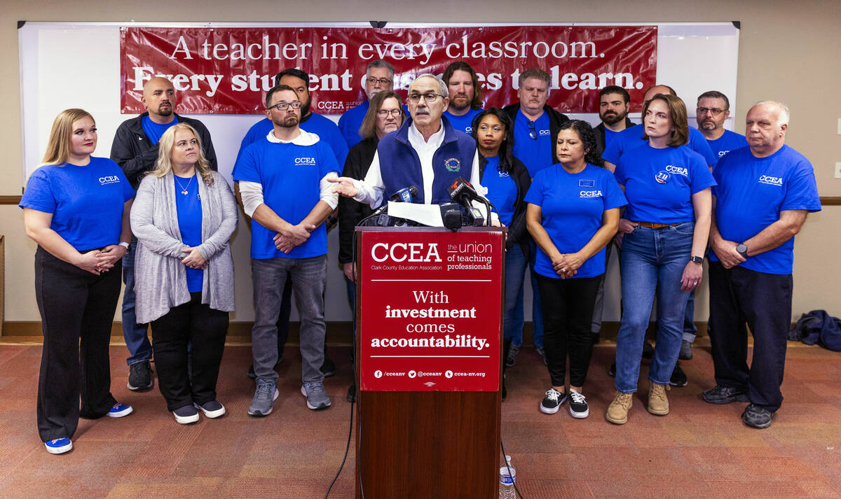 John Vellardita, executive director of the Clark County Education Association, leads a news con ...
