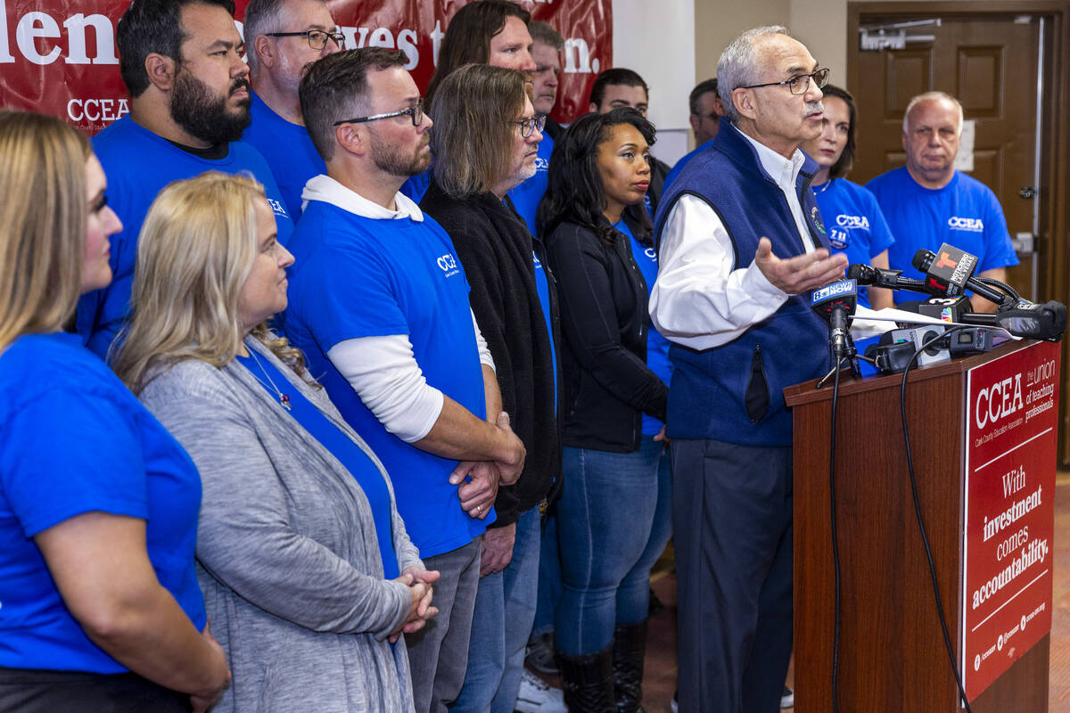 John Vellardita, executive director of the Clark County Education Association, leads a news con ...