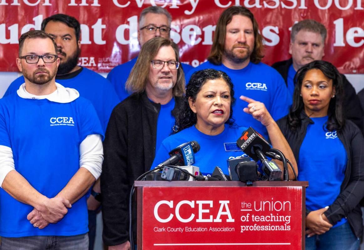 Marie Neisess, president of the Clark County Education Association, speaks during a news confer ...