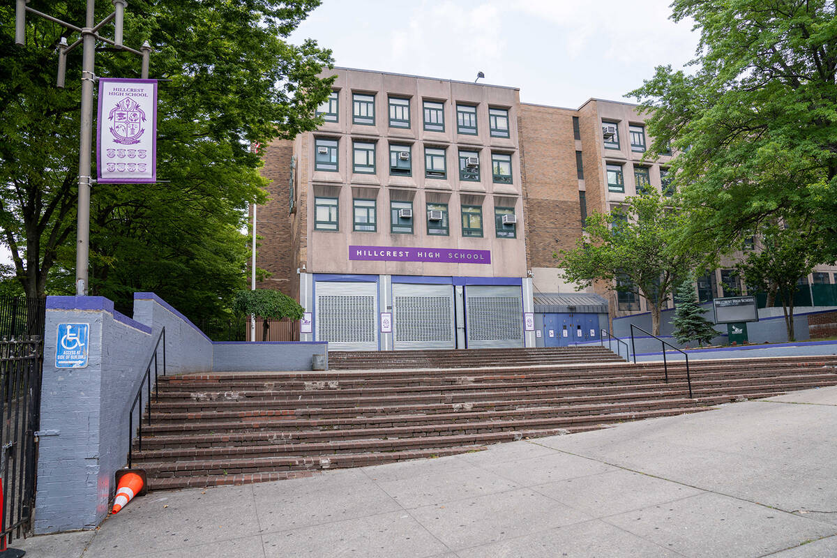 Hillcrest High School on Highland Avenue in Queens is pictured on June 17, 2023. (Theodore Pari ...
