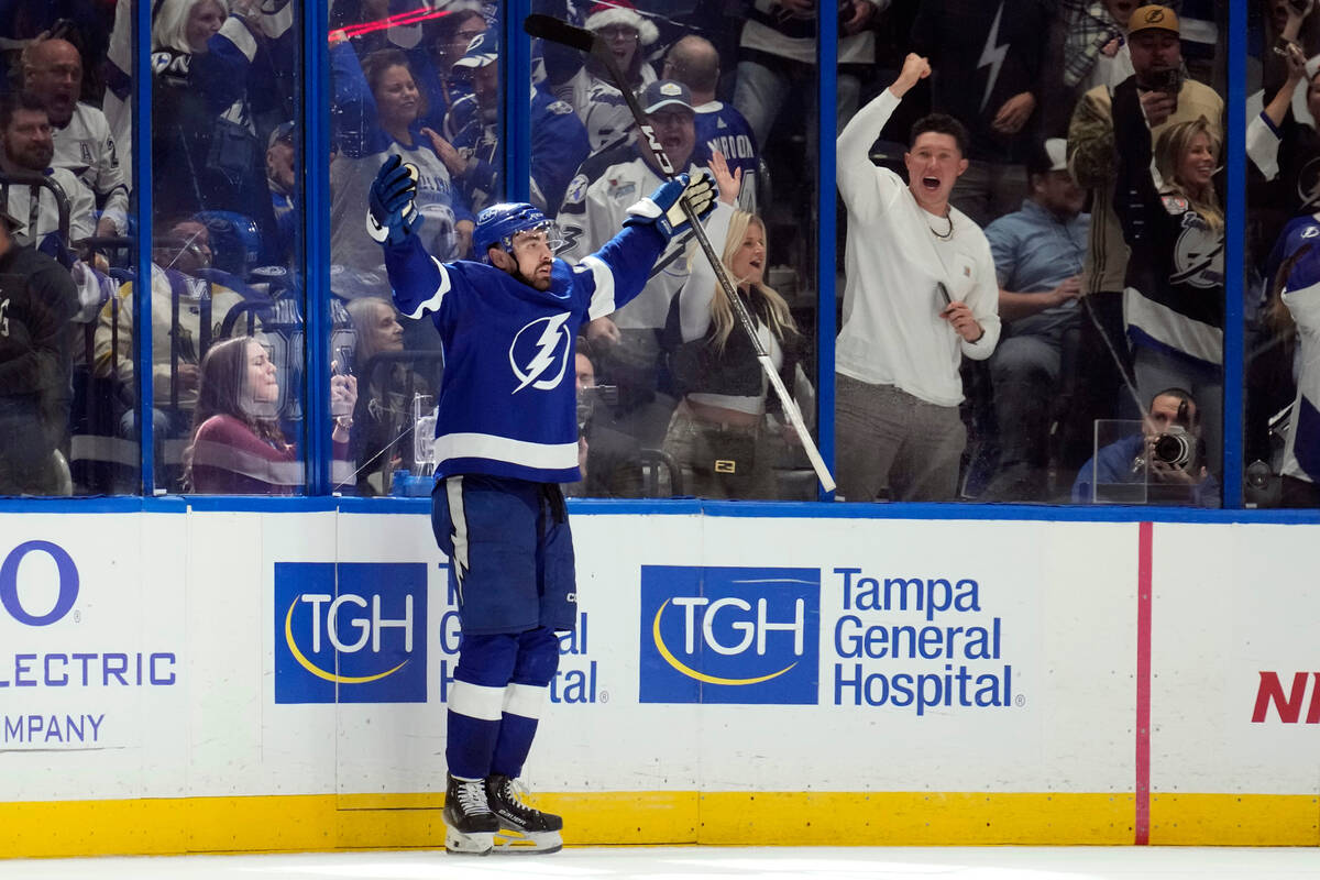 Tampa Bay Lightning left wing Nick Paul (20) celebrates after scoring against the Vegas Golden ...