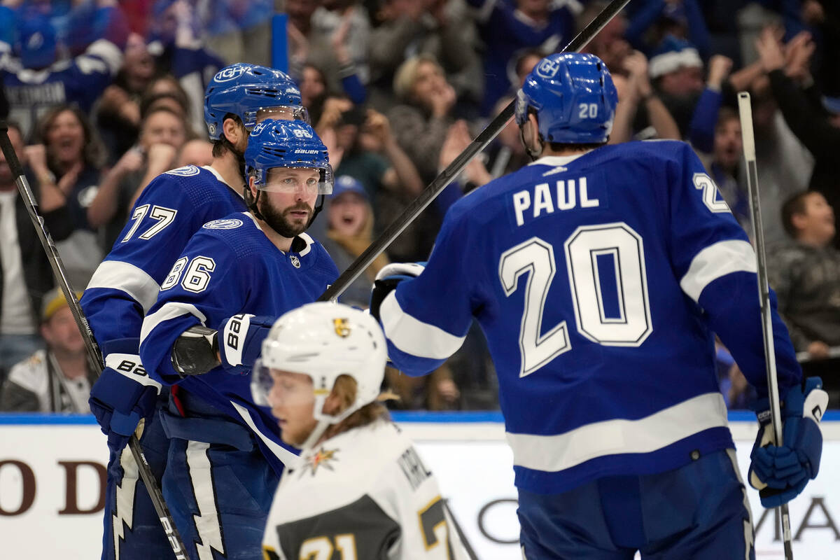 Tampa Bay Lightning right wing Nikita Kucherov (86) celebrates his goal against the Vegas Golde ...