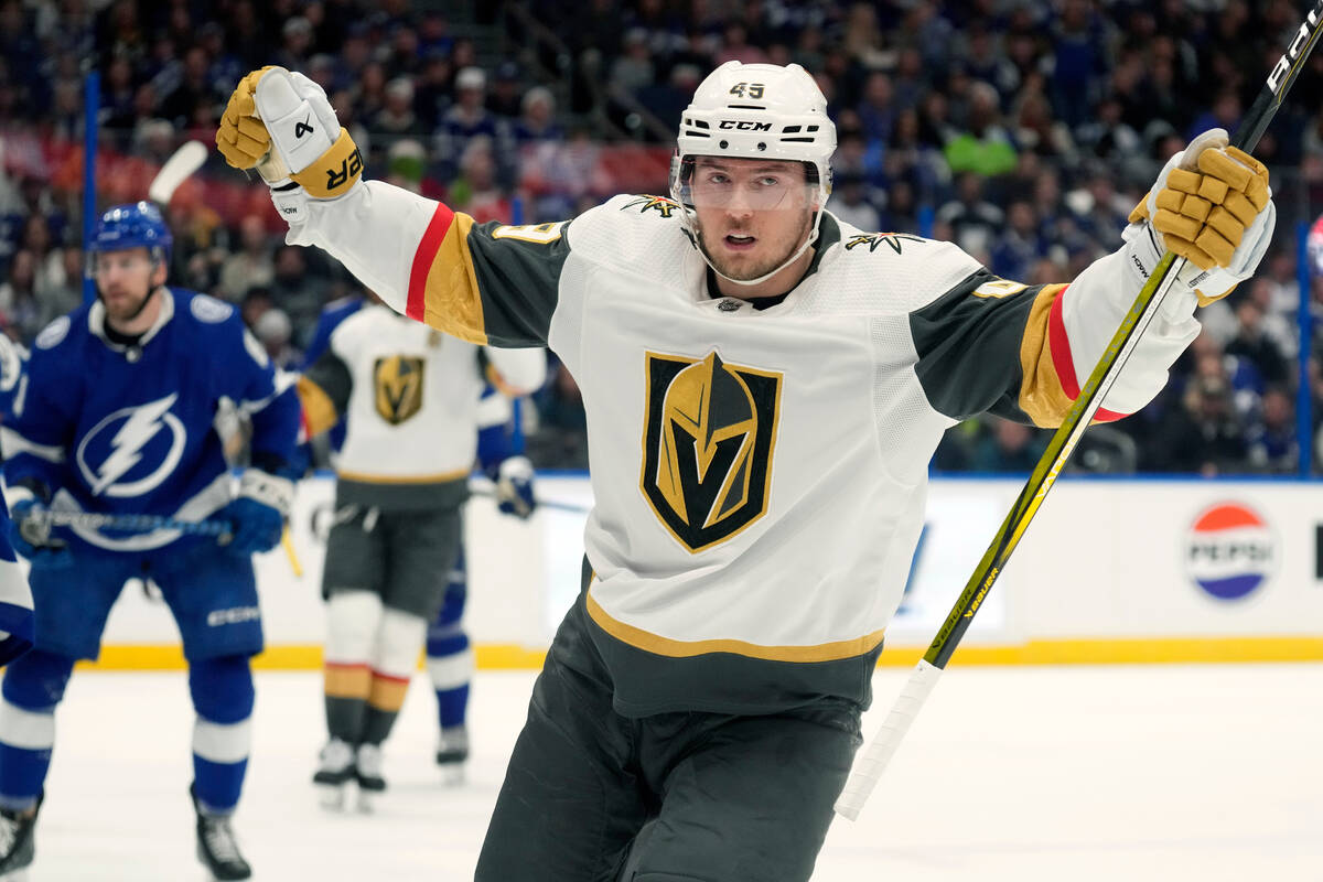 Vegas Golden Knights center Ivan Barbashev (49) celebrates after scoring against the Tampa Bay ...