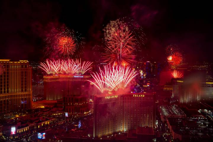 New Year’s Eve fireworks erupt above the Strip viewed from atop the Trump Tower on Sunda ...