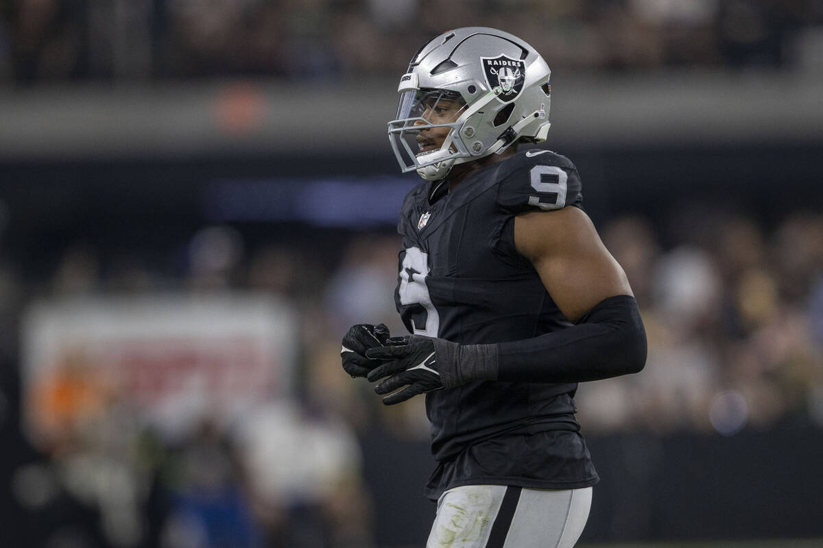 Raiders defensive end Tyree Wilson (9) comes off the field during the second half of an NFL gam ...