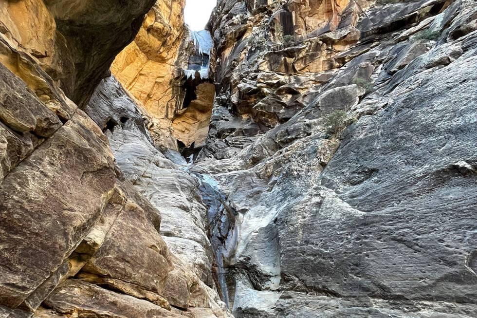 Water flows the end of the Ice Box Canyon trail on Jan. 27, 2023. (Taylor Lane/Las Vegas Review ...