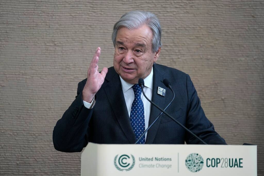 United Nations Secretary-General Antonio Guterres speaks during a news conference at the COP28 ...