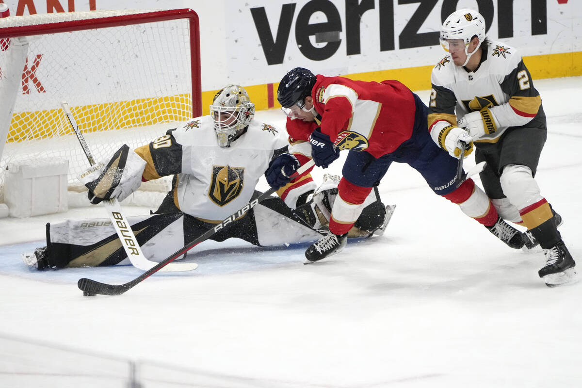 Vegas Golden Knights goaltender Jiri Patera (30) defends the goal against Florida Panthers cent ...