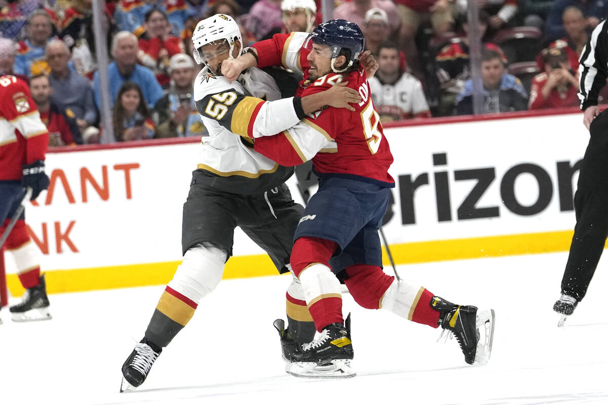 Vegas Golden Knights right wing Keegan Kolesar (55) and Florida Panthers left wing Ryan Lomberg ...