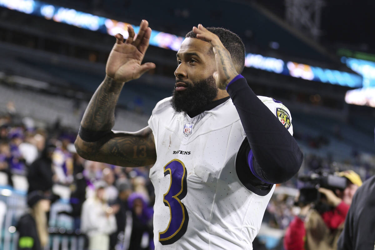 Baltimore Ravens wide receiver Odell Beckham Jr. (3) reacts to fans as he walks off the field a ...