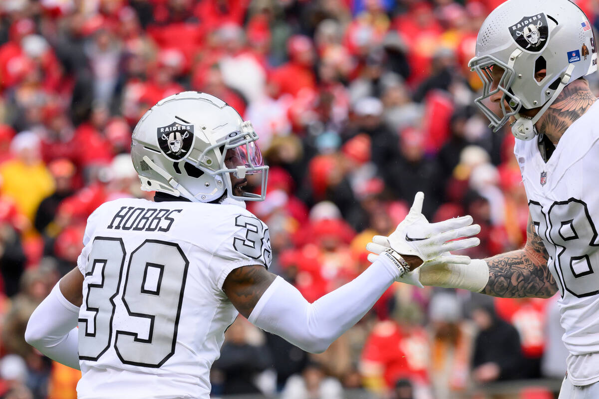 Las Vegas Raiders cornerback Nate Hobbs (39) celebrates a defensive stop against the Kansas Cit ...