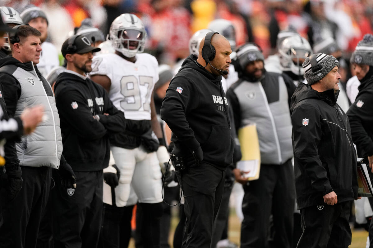 Las Vegas Raiders interim head coach Antonio Pierce watches from the sidelines during the first ...