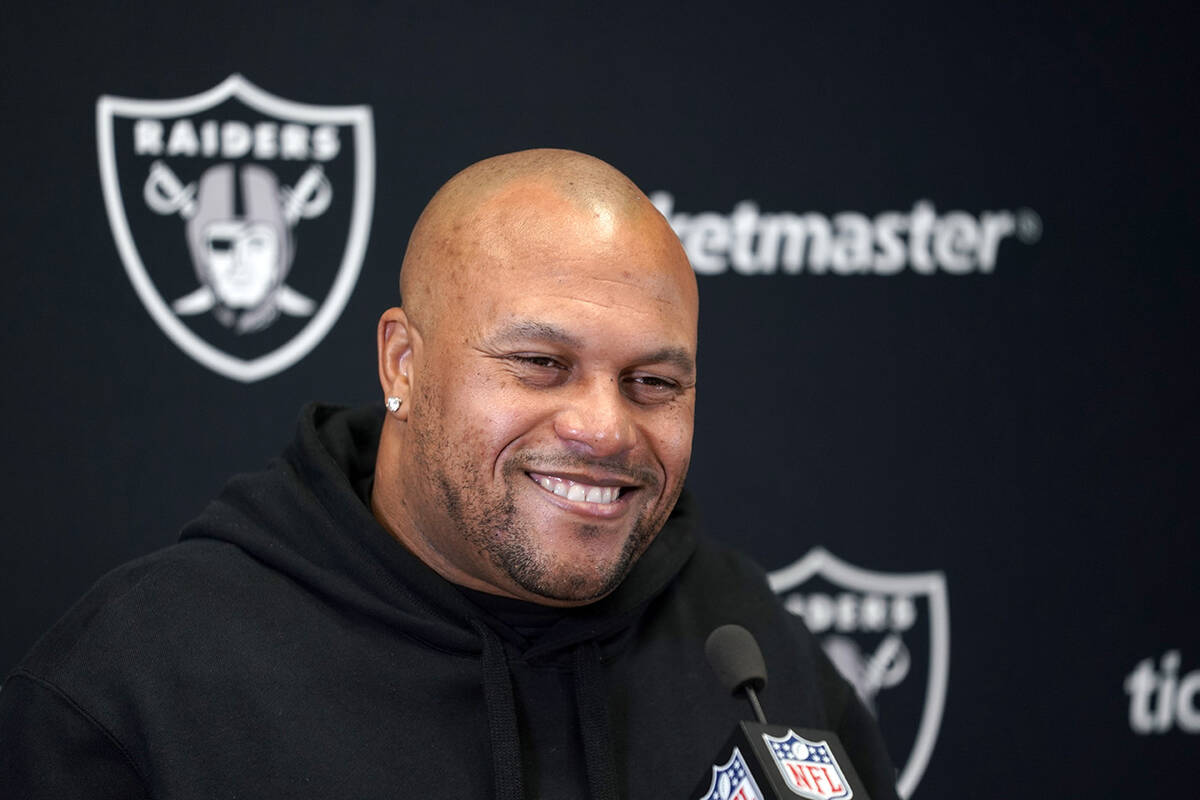 Las Vegas Raiders interim head coach Antonio Pierce speaks during a news conference following o ...