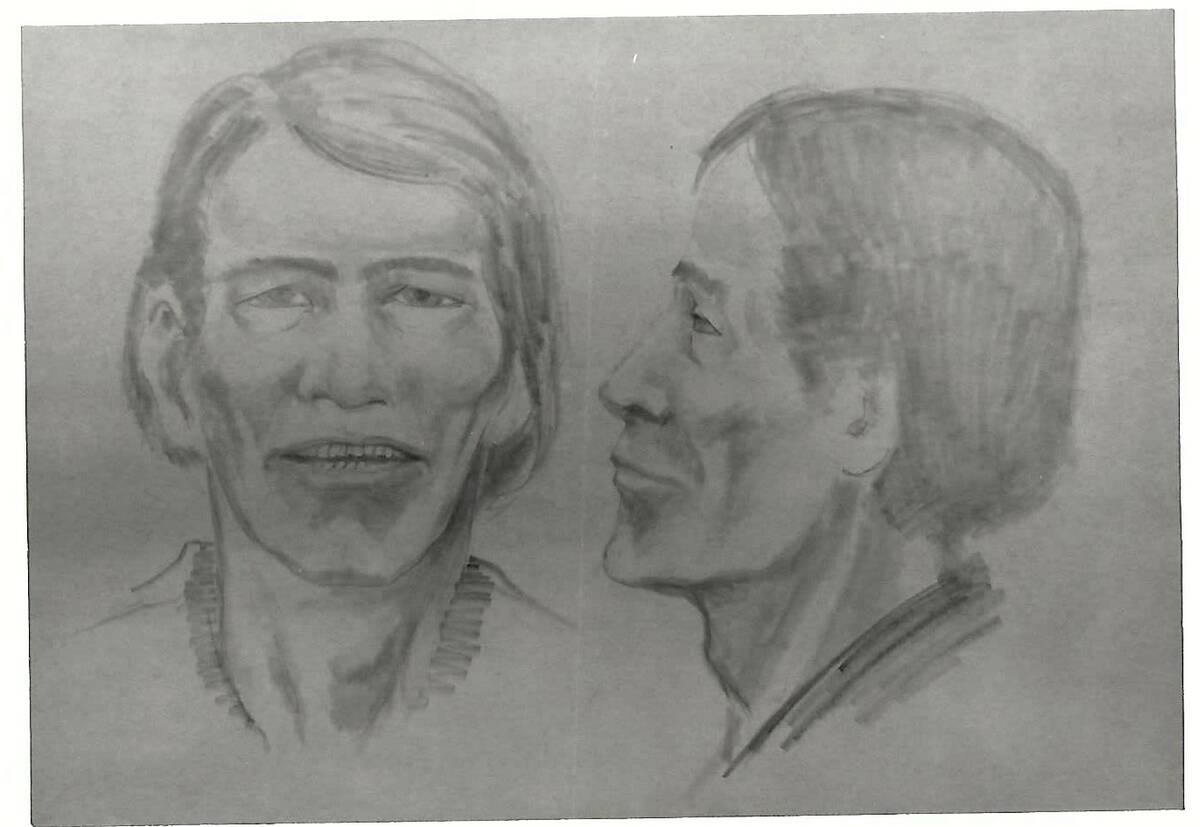 A sketch of the probable likeness of human remains found in 1976 near Katherine's Landing, Ariz ...