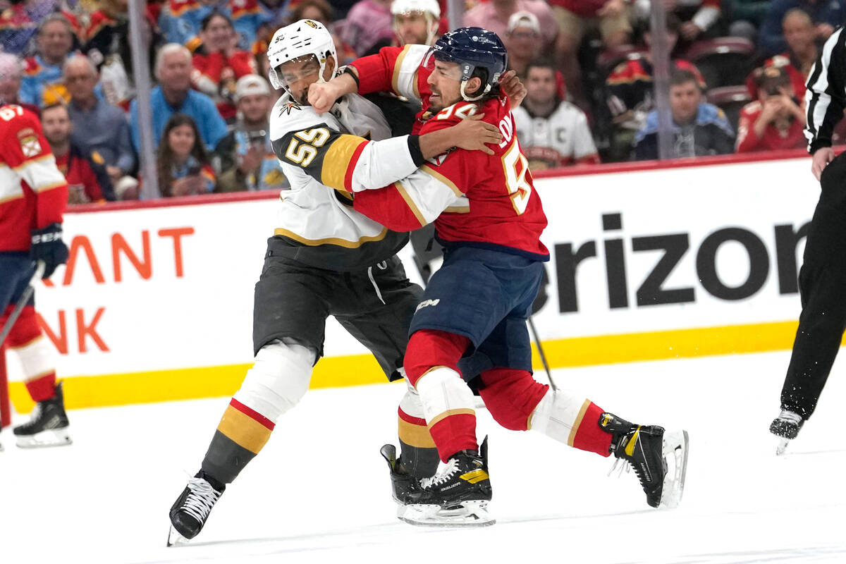 Vegas Golden Knights right wing Keegan Kolesar (55) and Florida Panthers left wing Ryan Lomberg ...