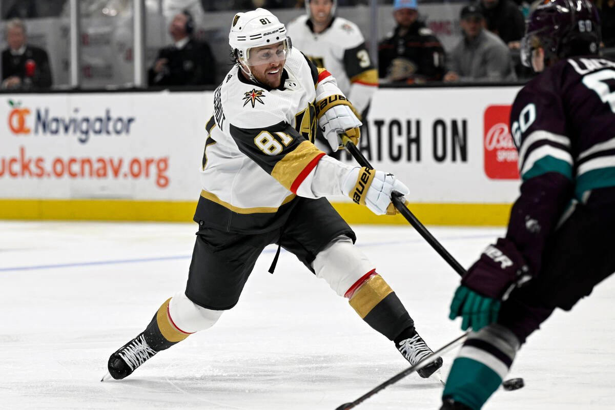 Vegas Golden Knights right wing Jonathan Marchessault (81) shoots against the Anaheim Ducks dur ...