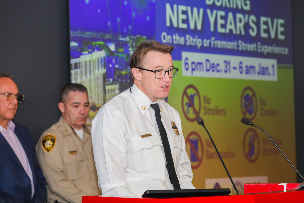 Clark County Fire Chief John Steinbeck speaks during the New Year's Eve Safety 2023 Press Confe ...