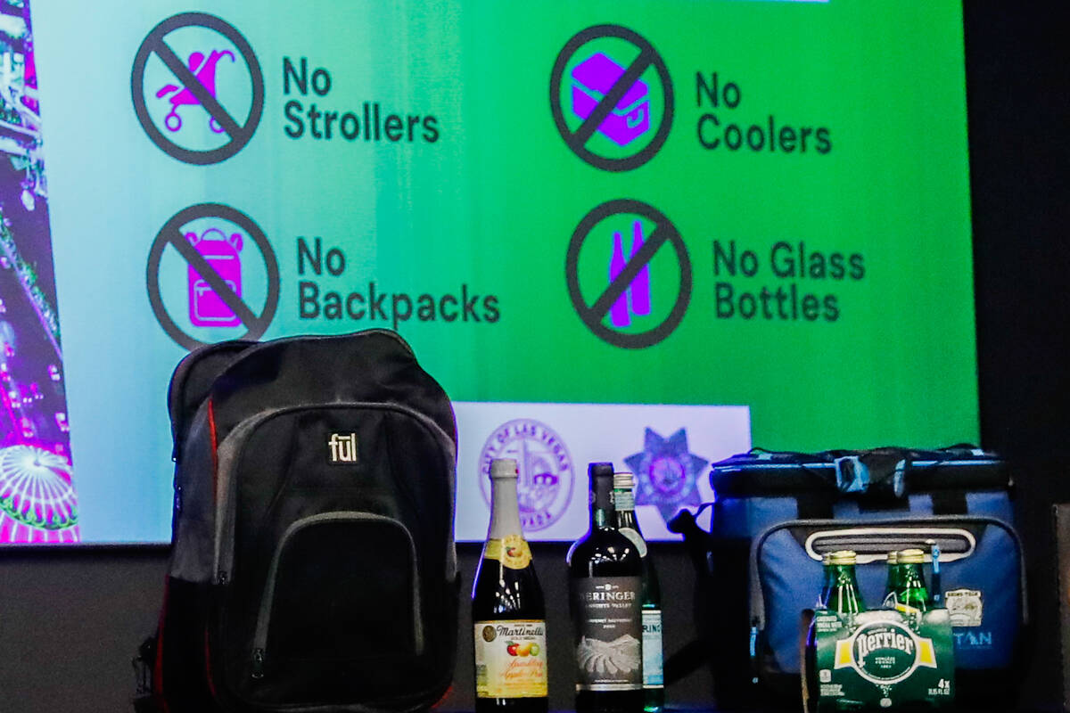 Banned items during New Years Eve celebrations along the Strip and downtown include strollers, ...